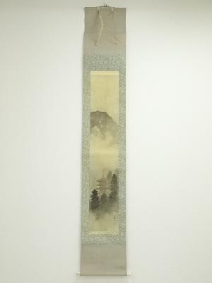 輝山筆　寺塔　肉筆絹本掛軸（保護箱）